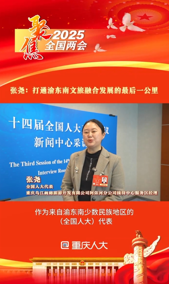 在2025年全国两会期间，来自重庆文旅集团旗下阿依河景区接待中心的全国人大代表张尧，将目光投向了文旅产业的融合发展。她提出，应以交通网络为纽带，打通渝东南文旅融合发展的最后一公里。@重庆人大 #2025全国两会#重庆人大#重庆文旅集团#渝东南文旅融合发展#全国人大代表